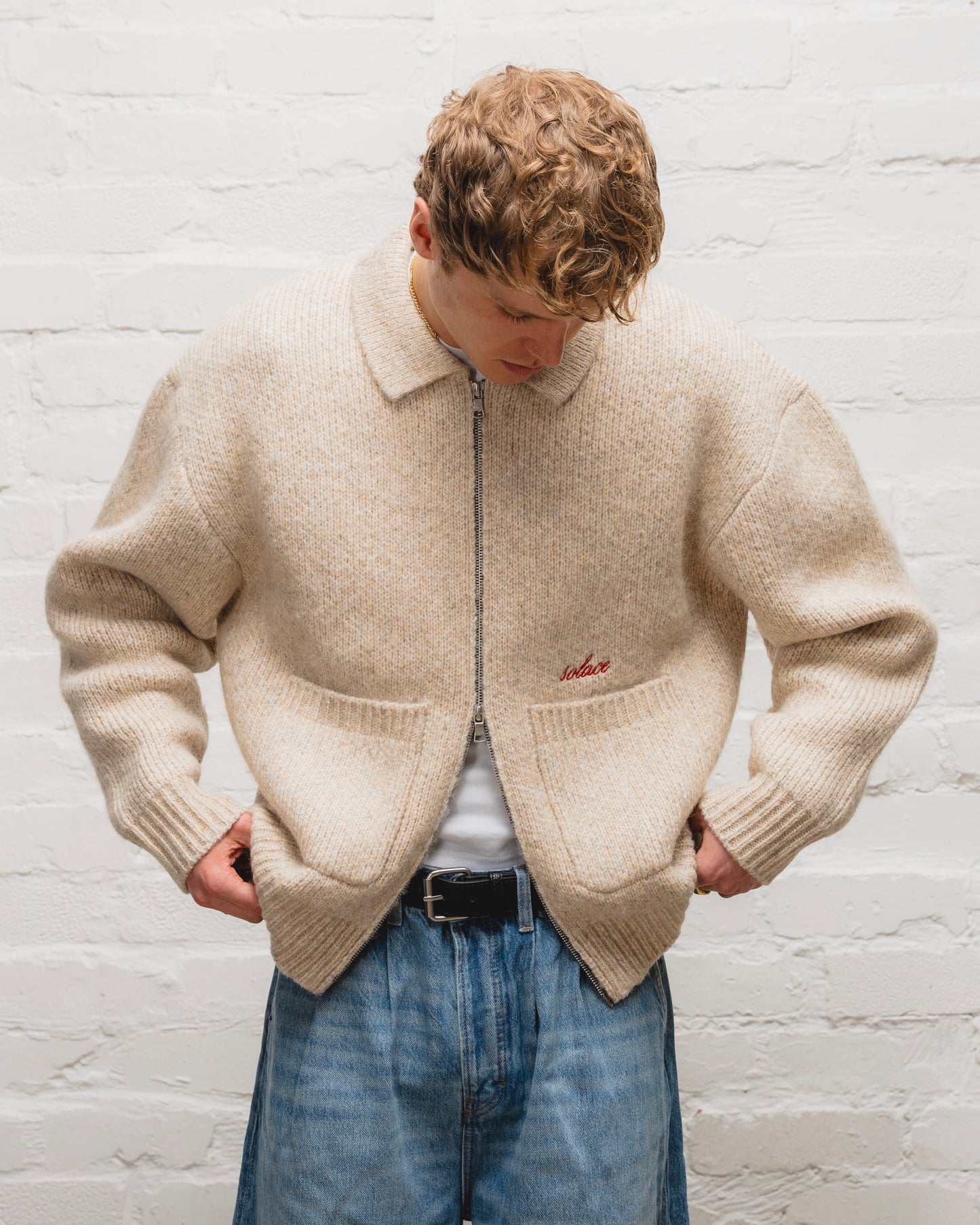 Zip Through Collared Knit Cardigan - Toasted Oatmeal/Rose Red