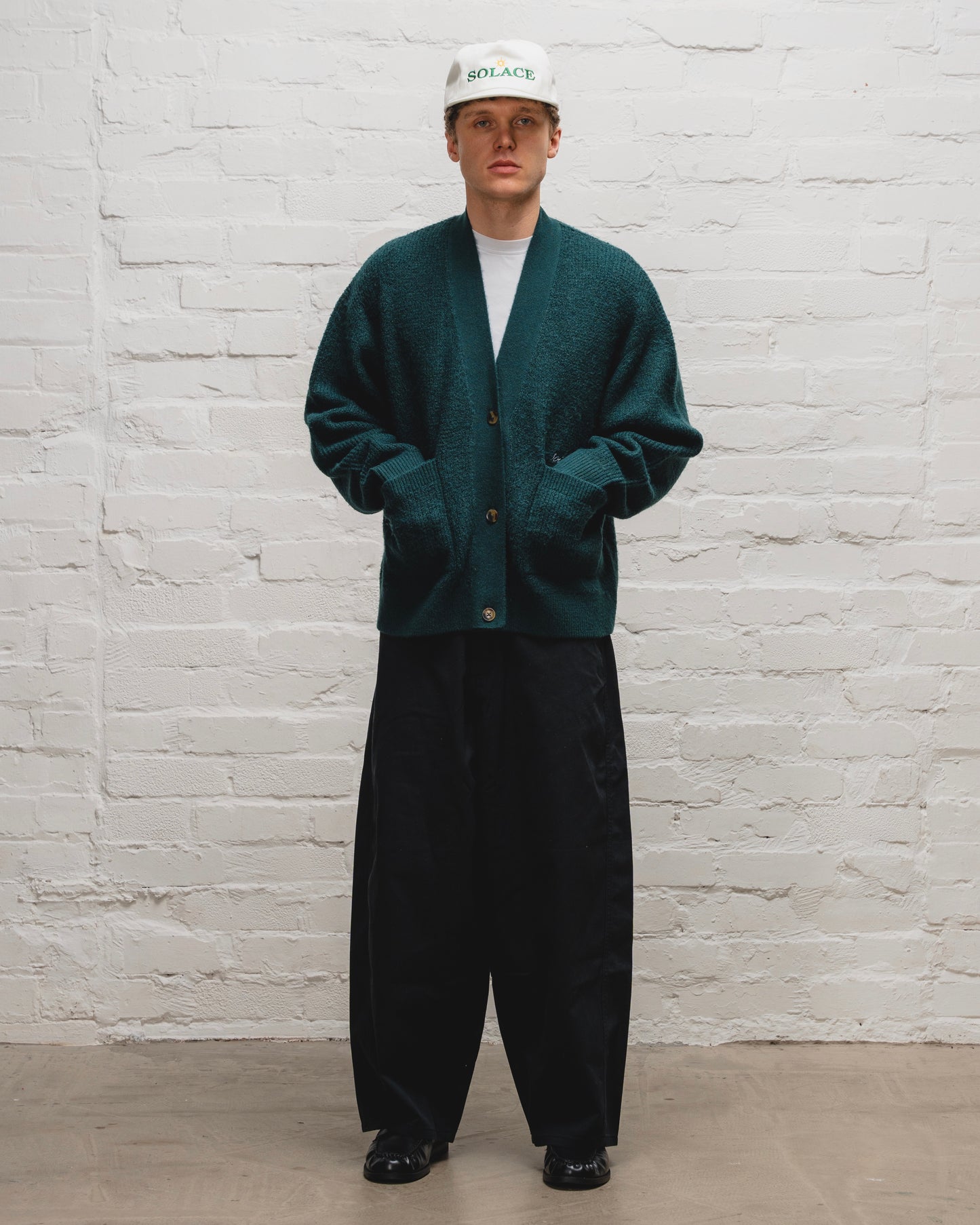 Waffle Knit Button Up Cardigan - Emerald Green/Ivory