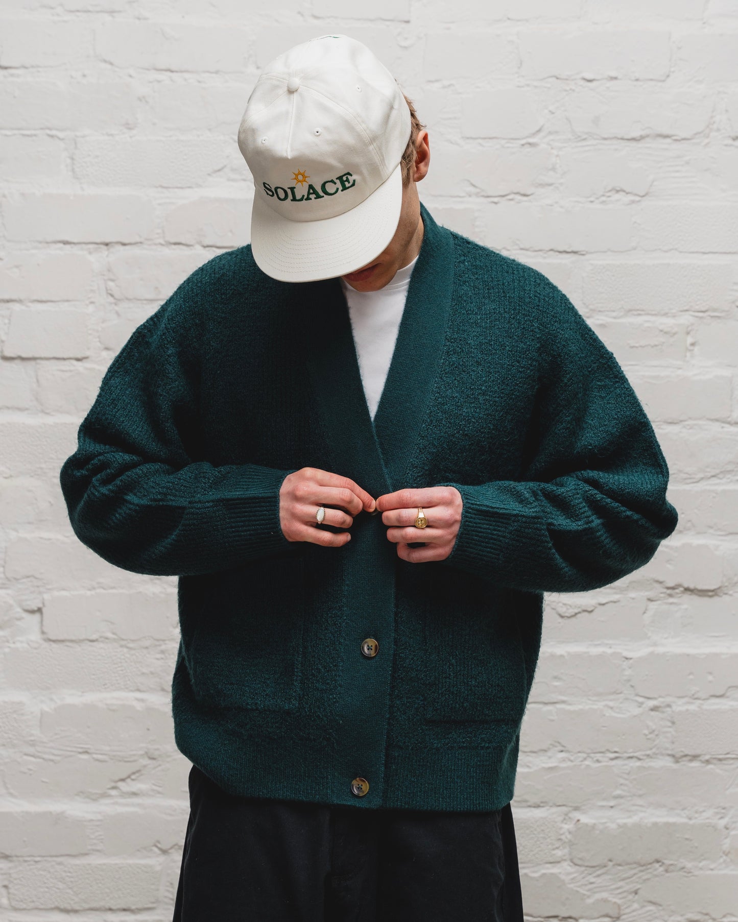 Waffle Knit Button Up Cardigan - Emerald Green/Ivory