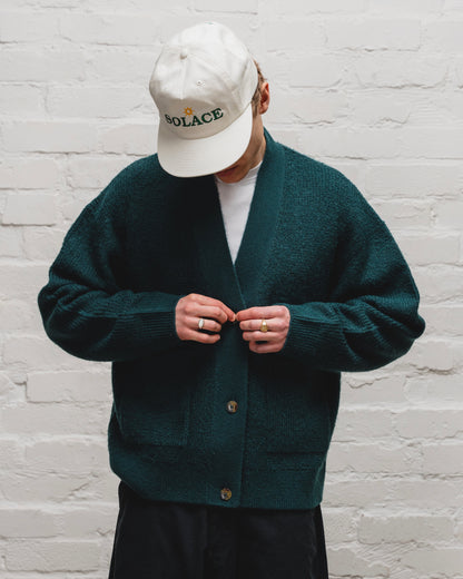 Waffle Knit Button Up Cardigan - Emerald Green/Ivory