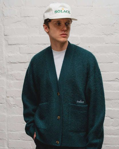 Waffle Knit Button Up Cardigan - Emerald Green/Ivory