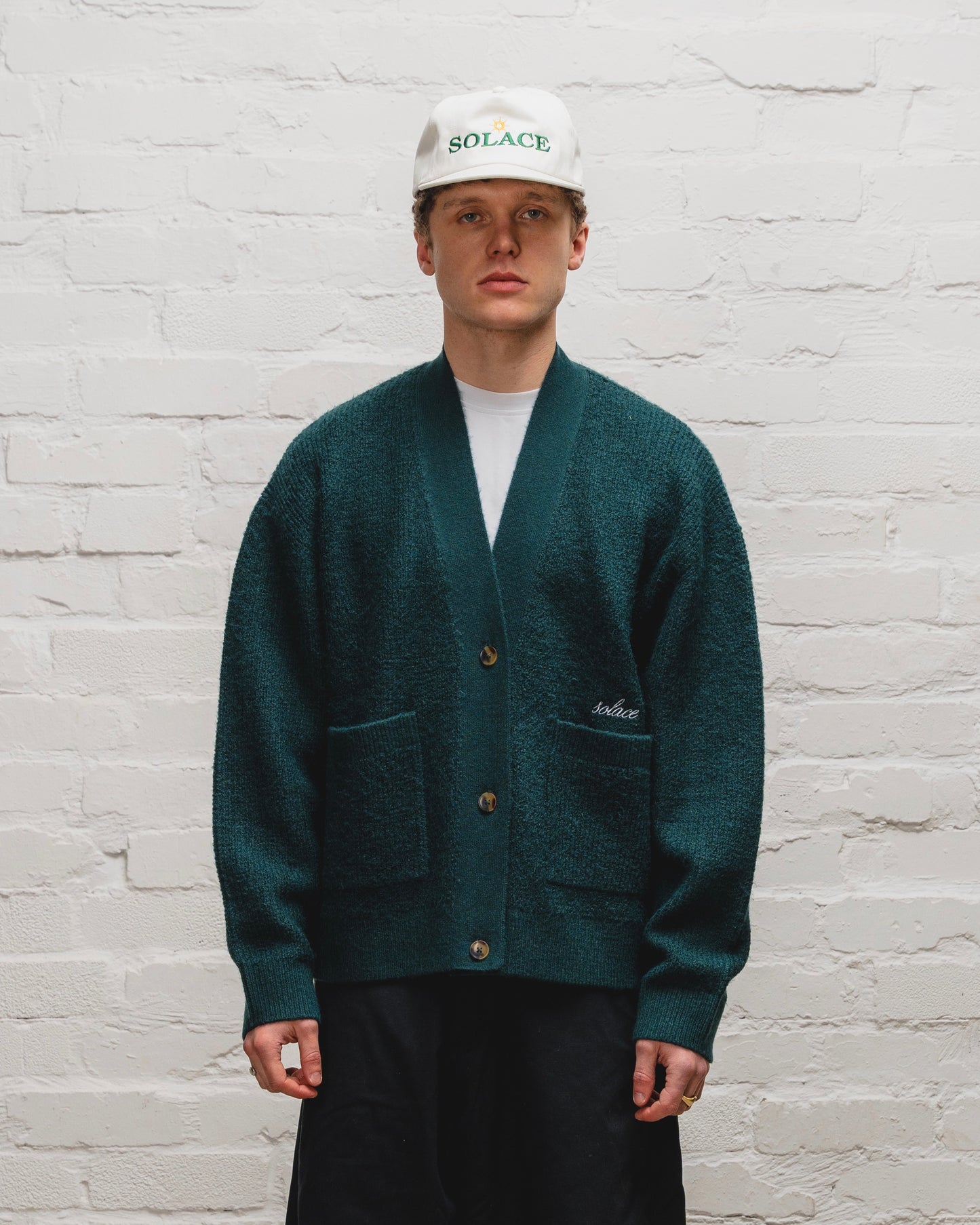 Waffle Knit Button Up Cardigan - Emerald Green/Ivory