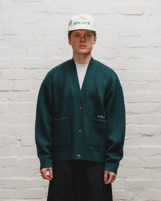 Waffle Knit Button Up Cardigan - Emerald Green/Ivory