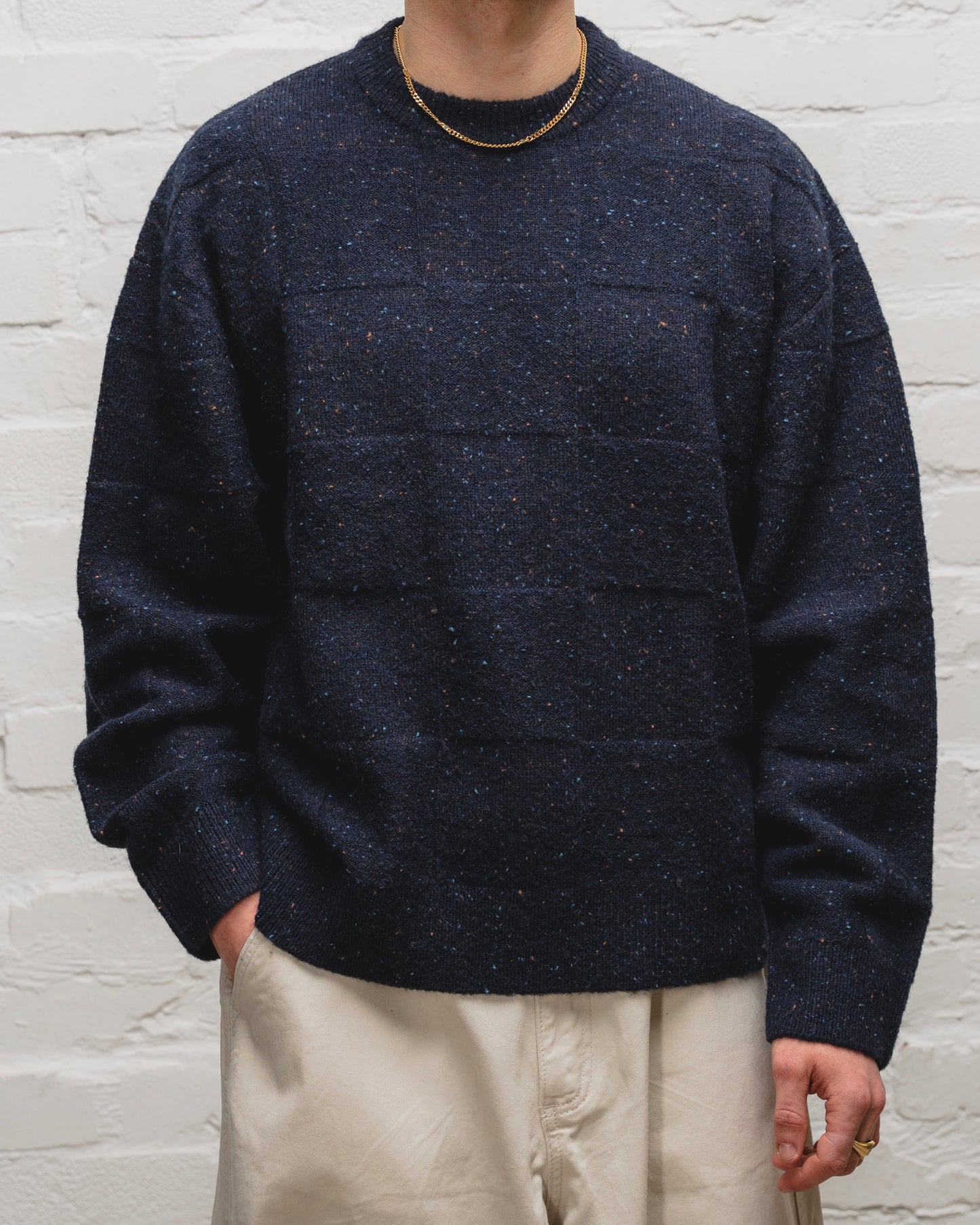 Checkerboard Nep Crew Knit Jumper - Galaxy Navy/Cinnamon Brown