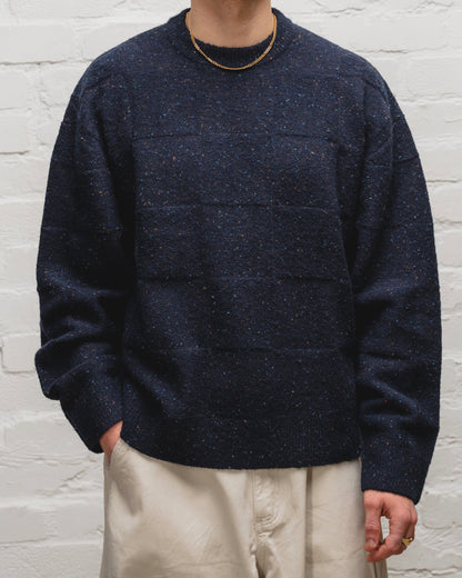 Checkerboard Nep Crew Knit Jumper - Galaxy Navy/Cinnamon Brown