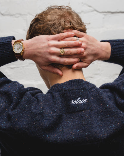 Checkerboard Nep Crew Knit Jumper - Galaxy Navy/Cinnamon Brown