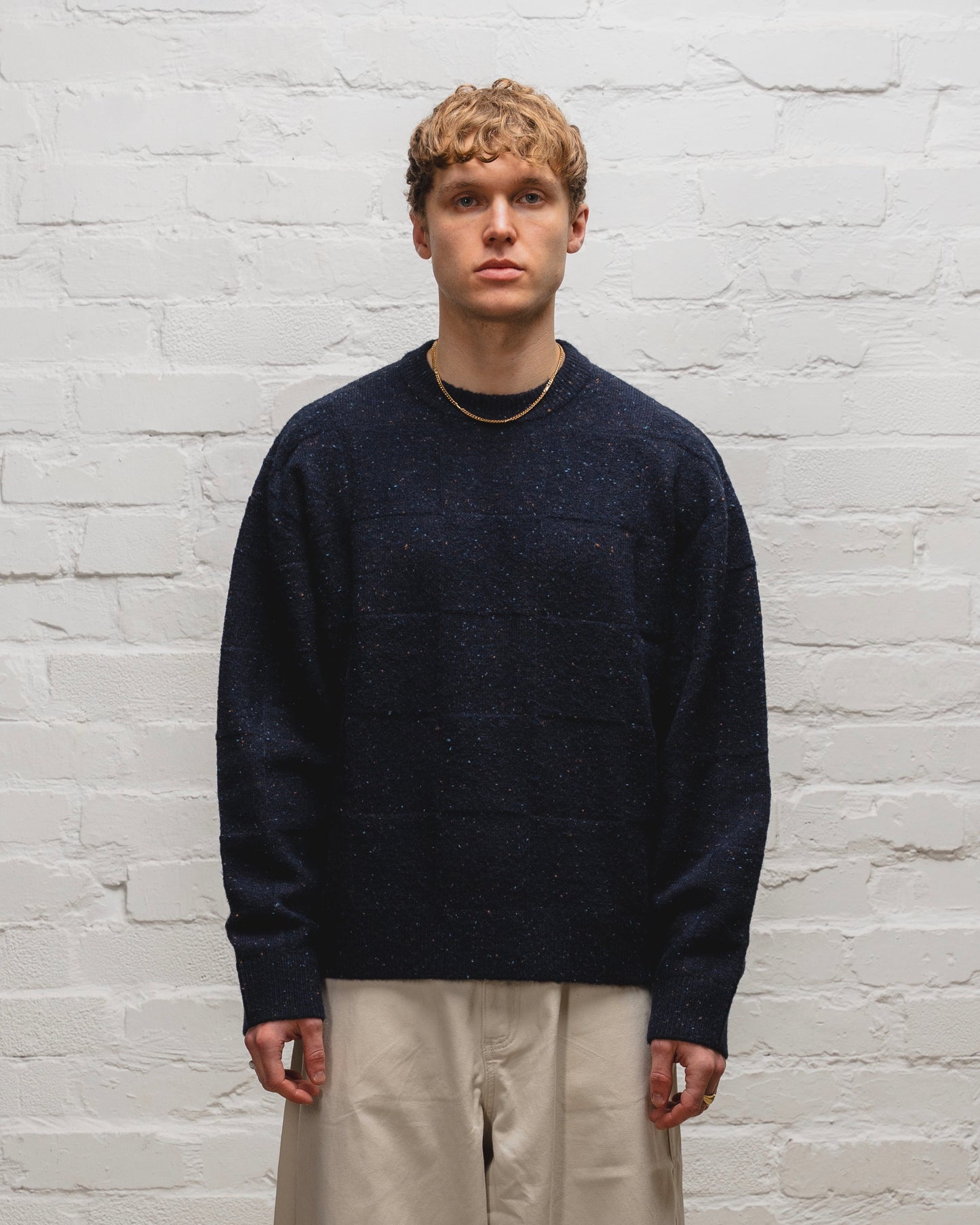 Checkerboard Nep Crew Knit Jumper - Galaxy Navy/Cinnamon Brown