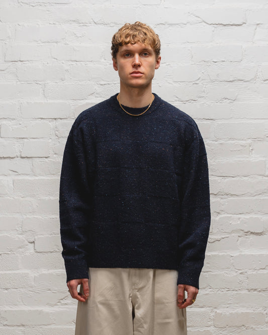 Checkerboard Nep Crew Knit Jumper - Galaxy Navy/Cinnamon Brown