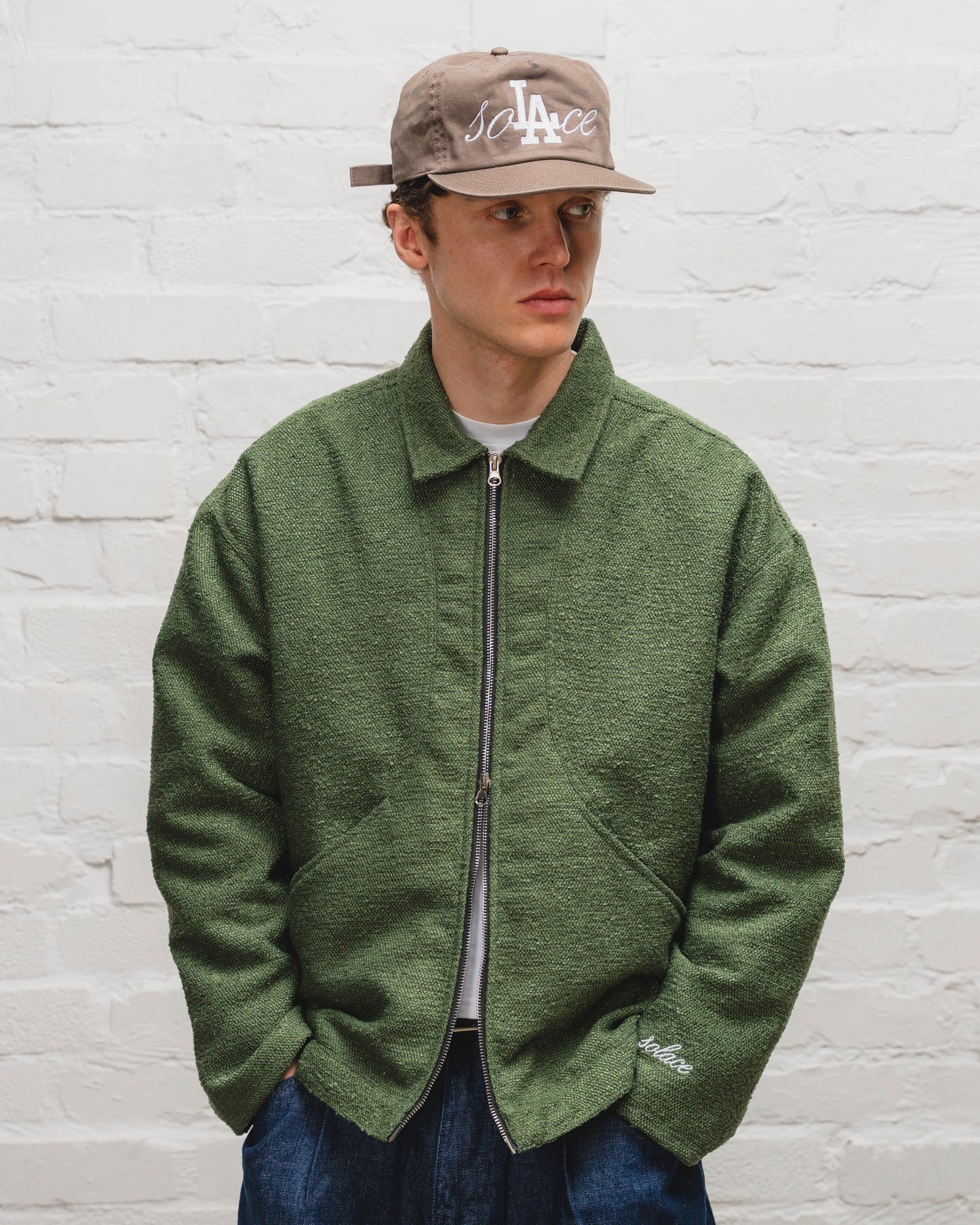 Boucle Curve Pocket Zip Jacket - Moss Green/Ivory