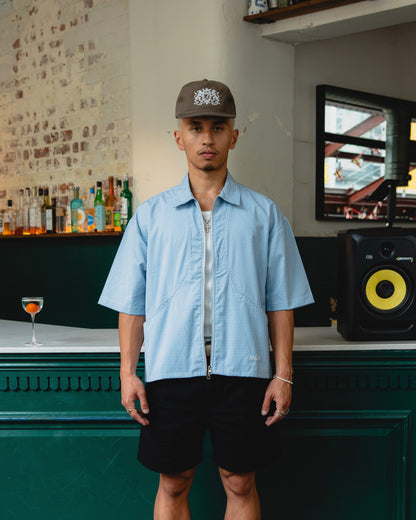 Gingham Curve Pocket Zip Shirt - Baby Blue/Ivory