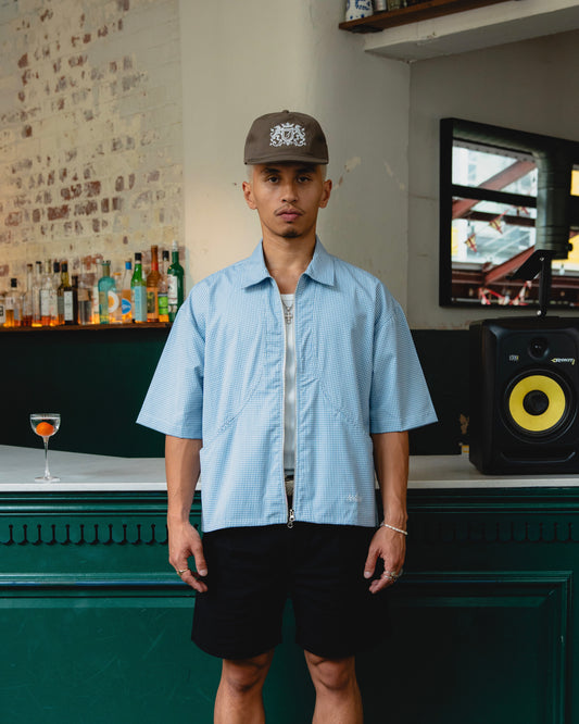 Gingham Curve Pocket Zip Shirt - Baby Blue/Ivory