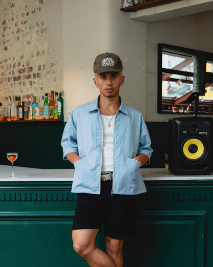 Gingham Curve Pocket Zip Shirt - Baby Blue/Ivory