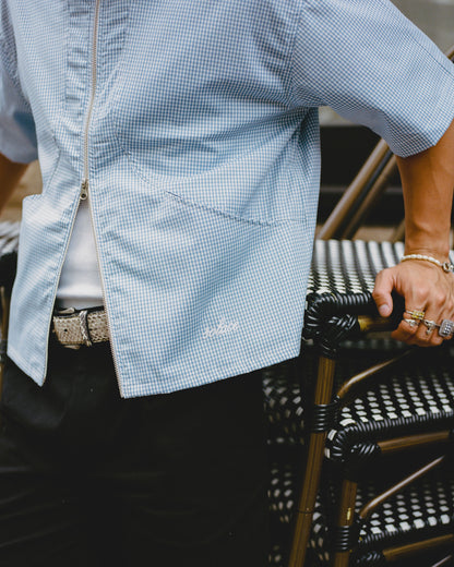 Gingham Curve Pocket Zip Shirt - Baby Blue/Ivory