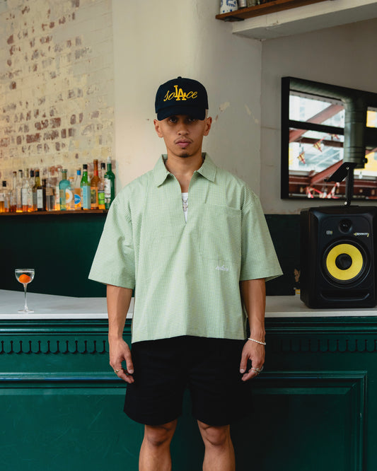 Gingham Smock Neck Polo Shirt - Spring Green/Ivory