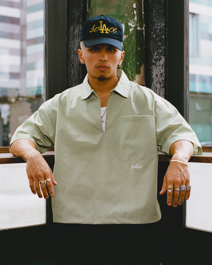 Gingham Smock Neck Polo Shirt - Spring Green/Ivory
