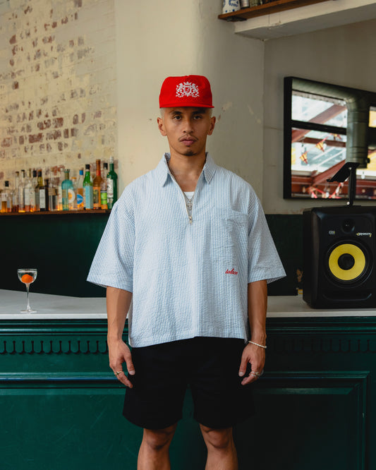 Striped Seersucker Half Zip Polo - Sky Blue/Rose Red