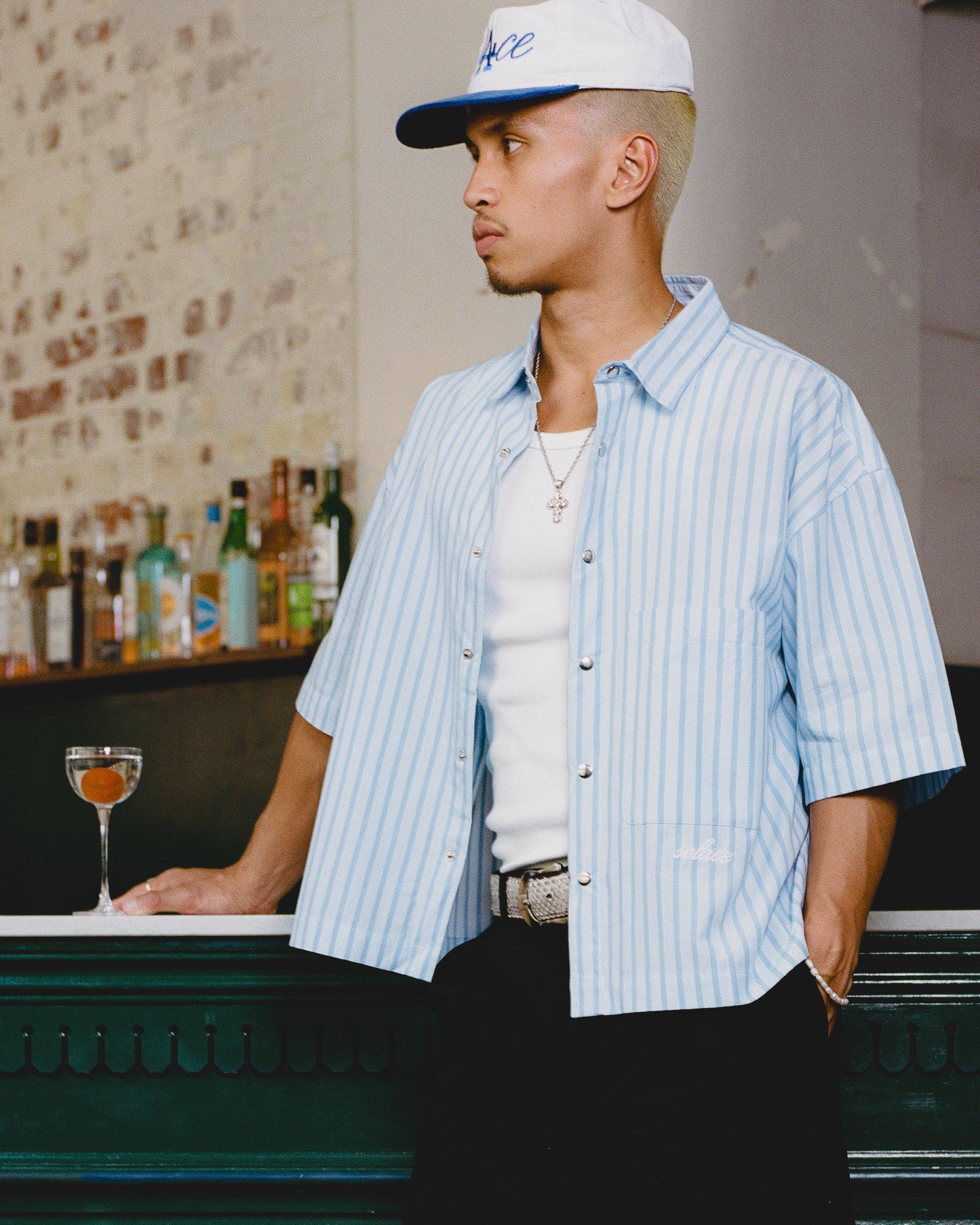 Striped Popper Short Sleeve Shirt - Carolina/Sky Blue