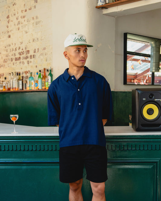 Linen Blend Button Polo Shirt - Dive Blue/Ivory