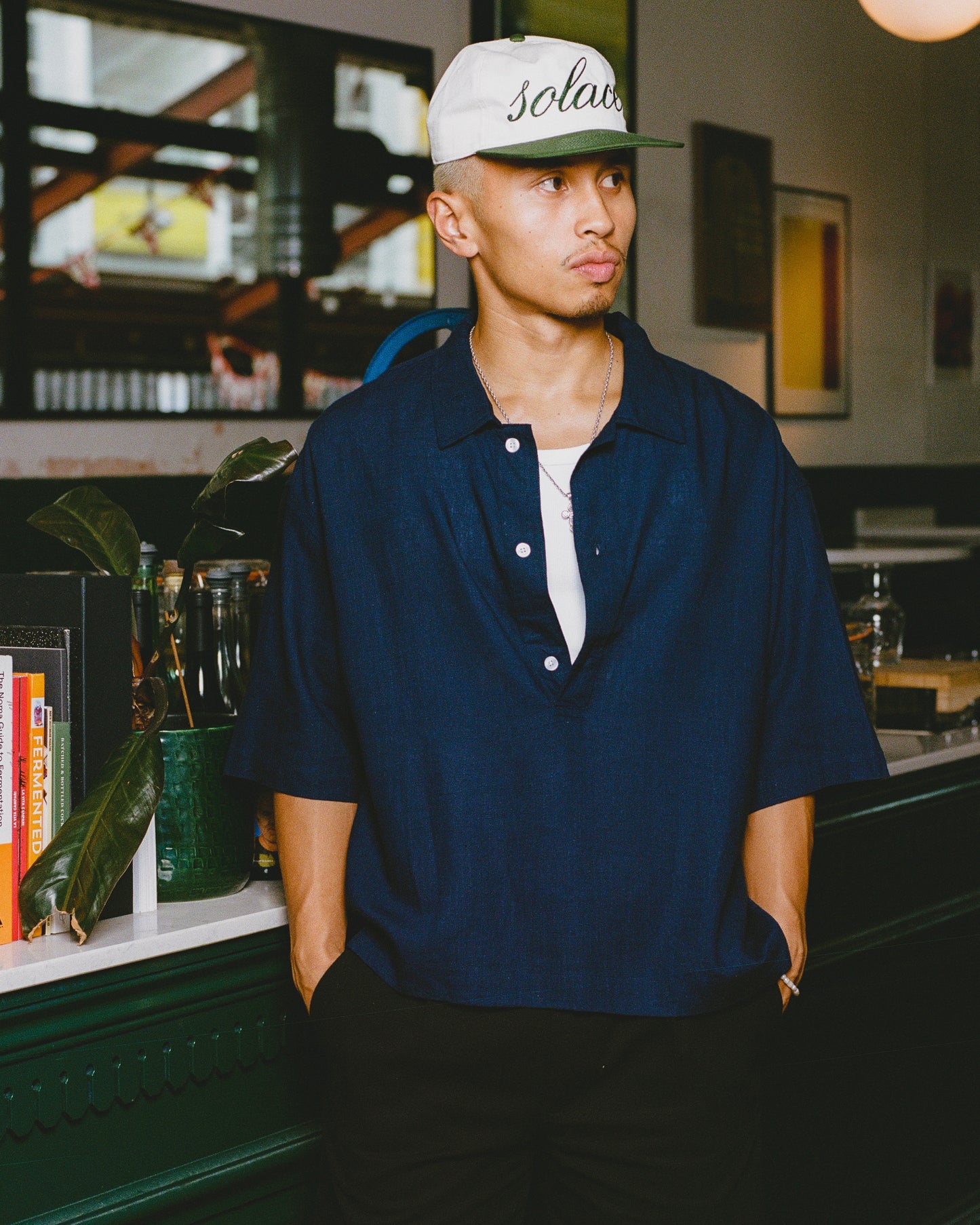 Linen Blend Button Polo Shirt - Dive Blue/Ivory