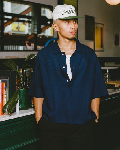 Linen Blend Button Polo Shirt - Dive Blue/Ivory