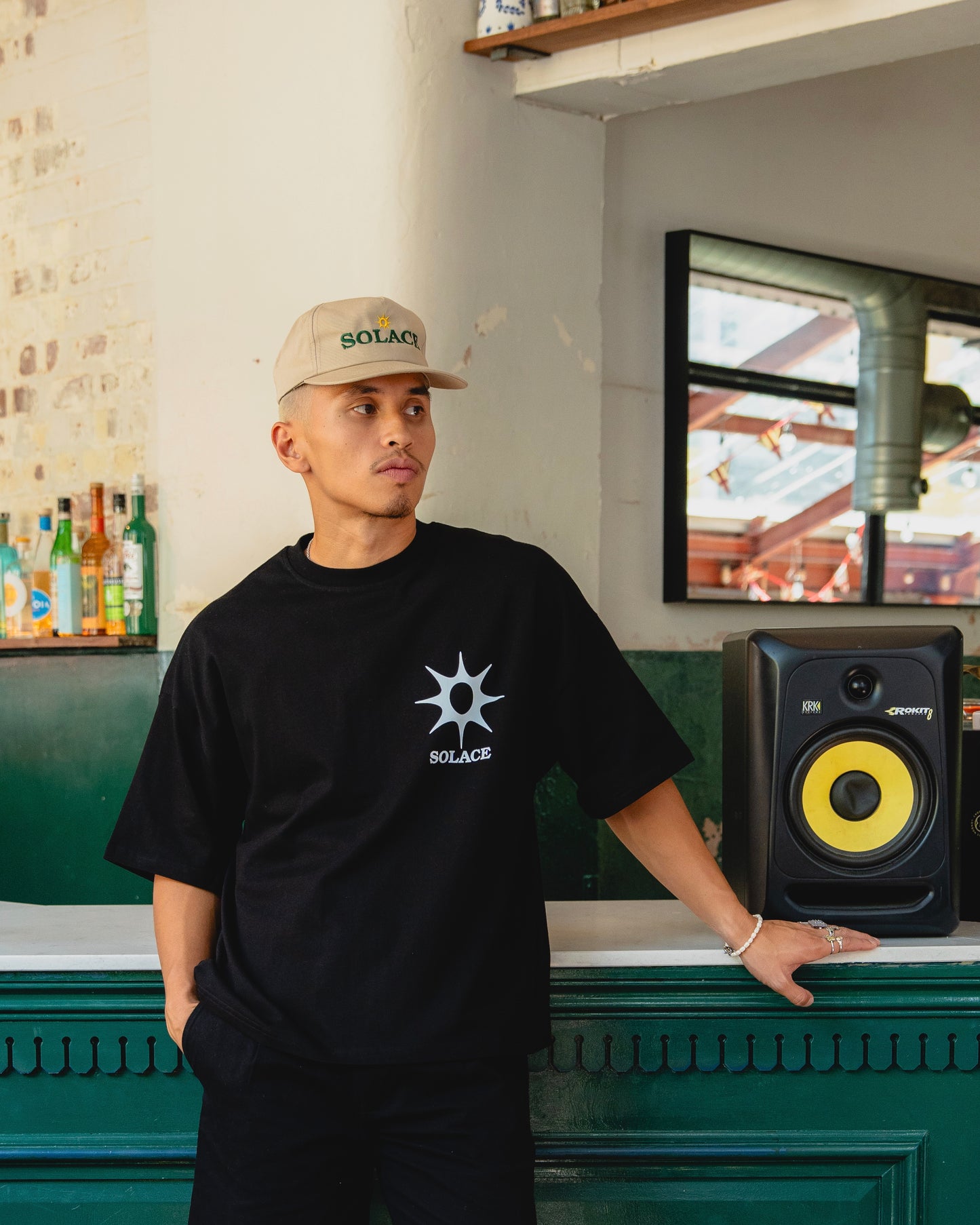 Solaire Logo 5 Panel Baseball Cap - Butter Beige/Forest Green