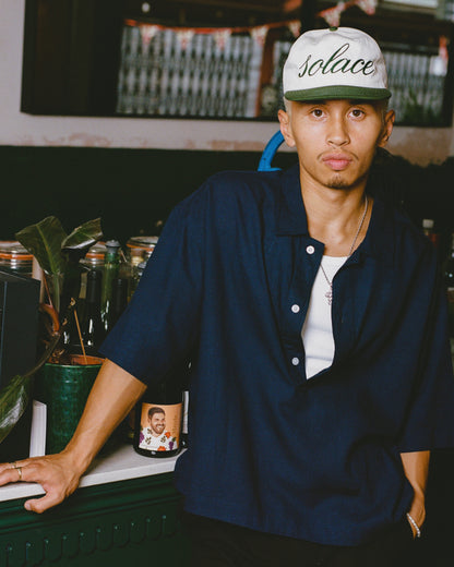 Chainstitch Cursive 5 Panel Baseball Cap - Ivory/Forest Green