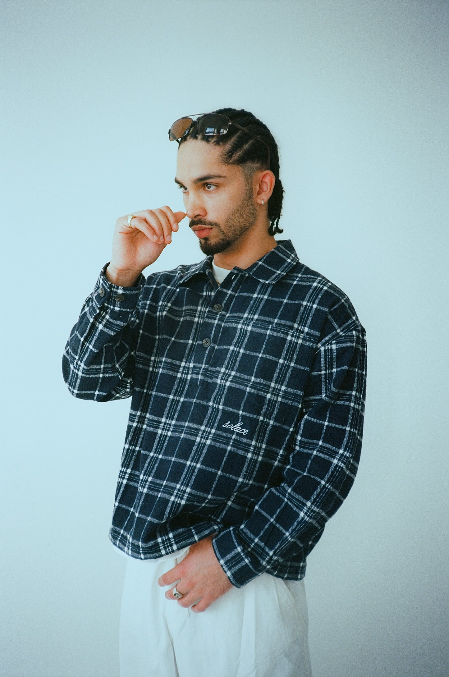 Oversized Boxy Check Flannel Polo Shirt - Midnight Navy/Ivory