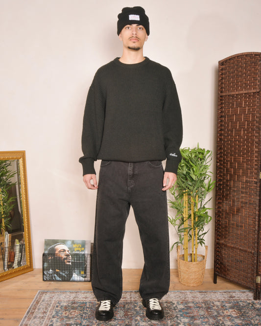 Oversized Boxy Waffle Knit Crew - Balsamic Black/Ivory