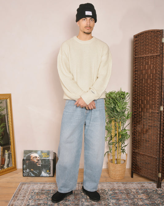Oversized Boxy Waffle Knit Crew - Vanilla Cream/Balsamic Black