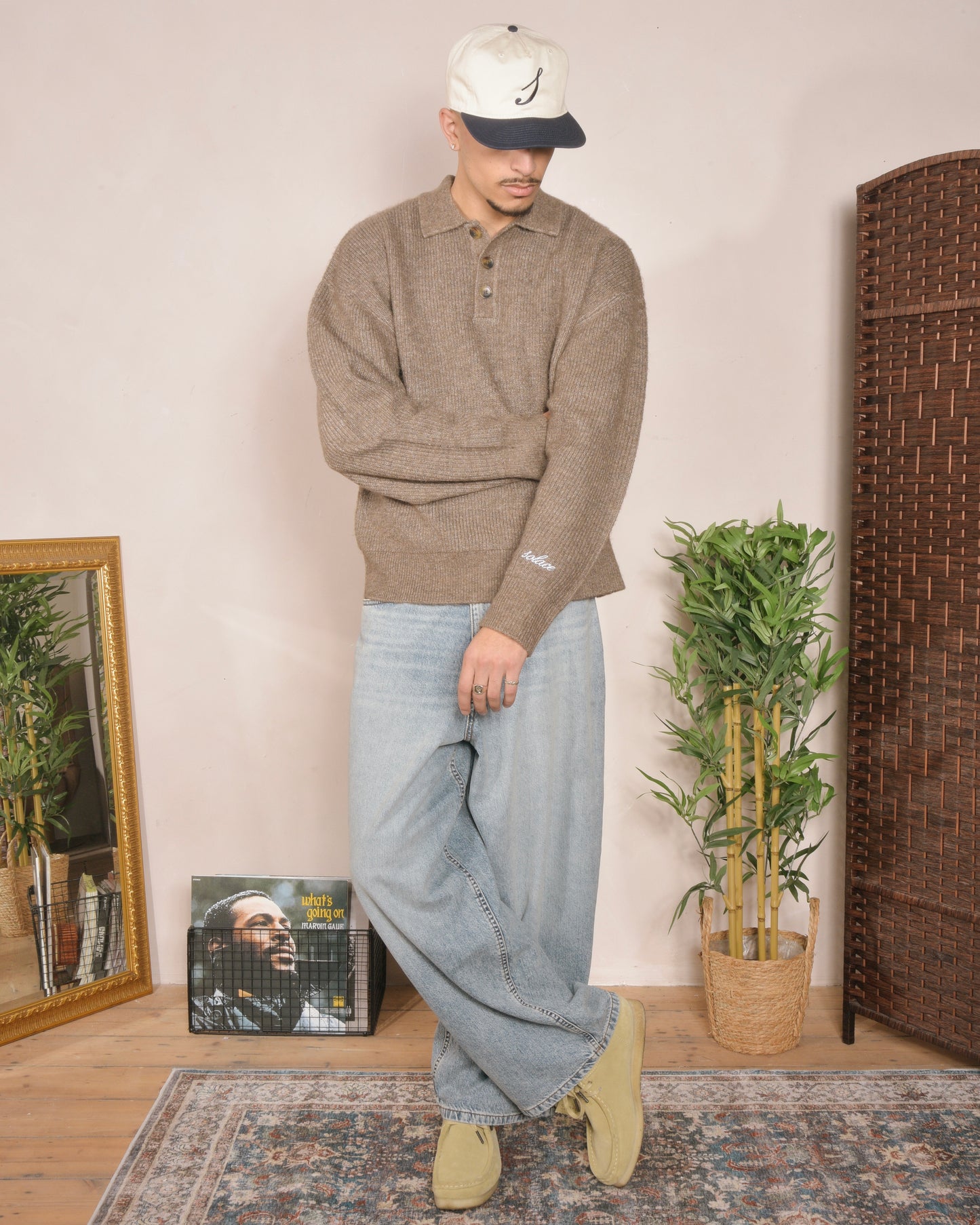 Oversized Boxy Rib Knit Polo - Toffee Brown/Ivory