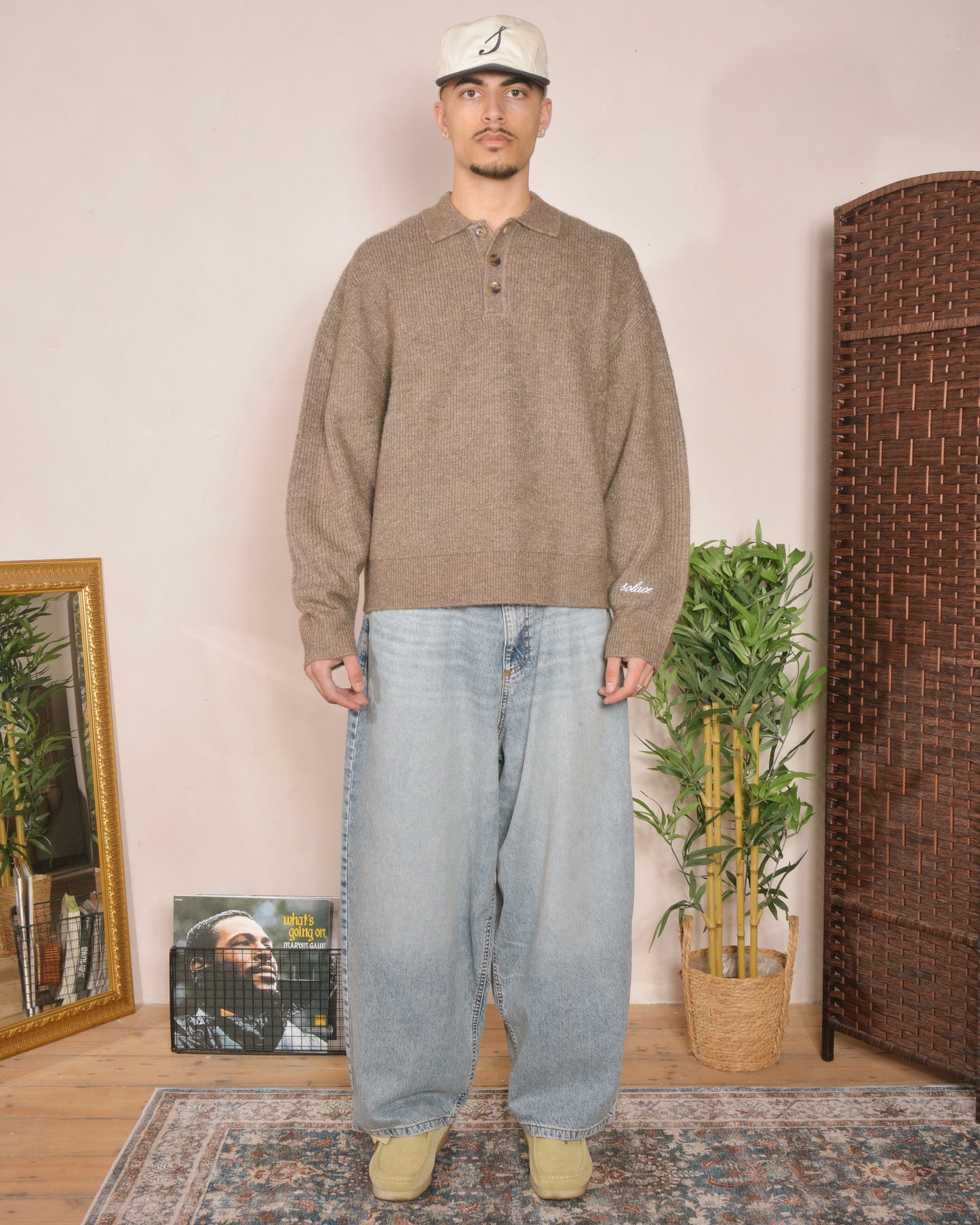 Oversized Boxy Rib Knit Polo - Toffee Brown/Ivory
