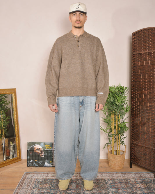 Oversized Boxy Rib Knit Polo - Toffee Brown/Ivory