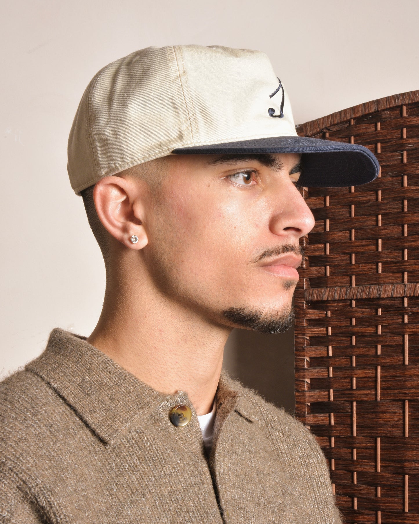 Cotton Initial 5 Panel Baseball Cap - Ivory/Midnight Navy