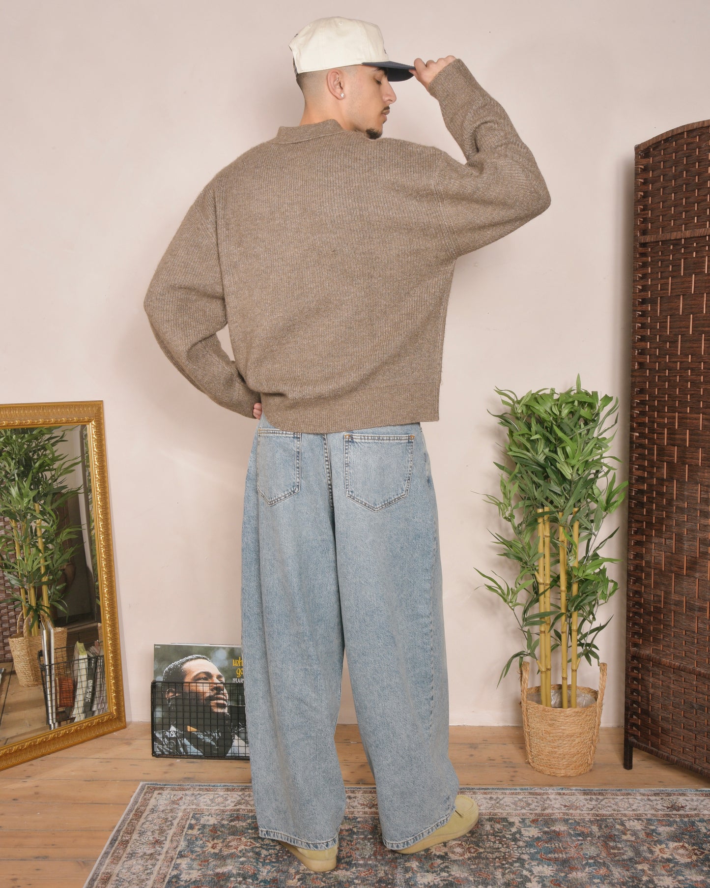 Oversized Boxy Rib Knit Polo - Toffee Brown/Ivory