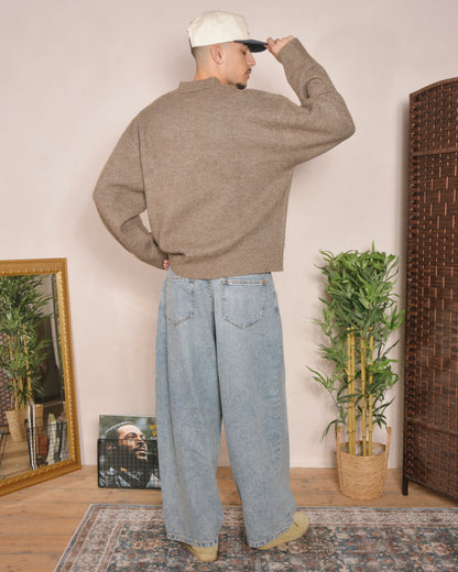 Oversized Boxy Rib Knit Polo - Toffee Brown/Ivory
