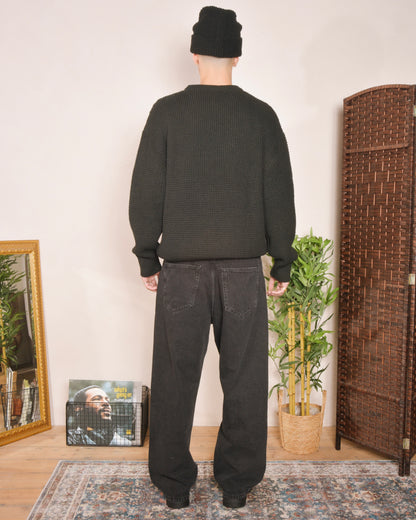 Oversized Boxy Waffle Knit Crew - Balsamic Black/Ivory