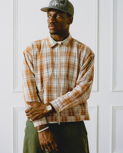 Check Curve Pocket Zip Jacket - Rust Orange/Ivory