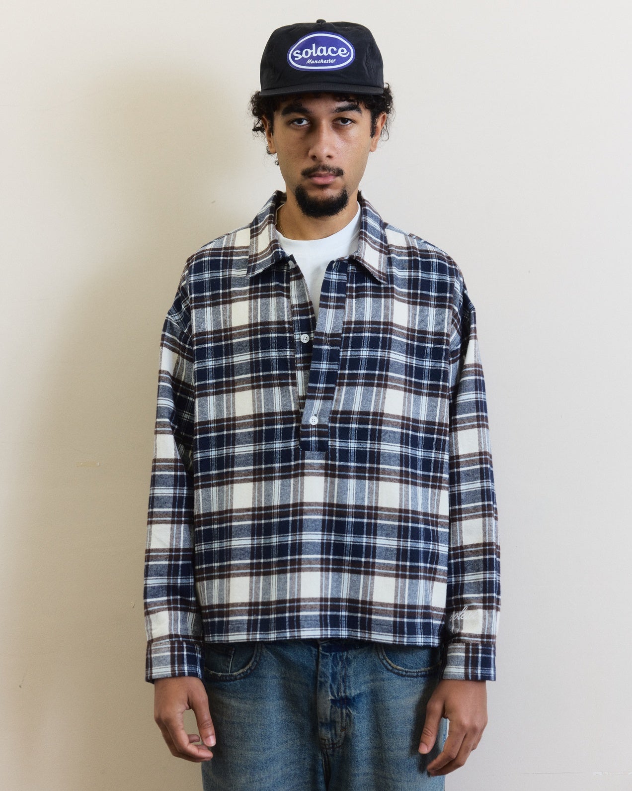 Check Flannel Polo Shirt - Midnight Navy/Cocoa Brown