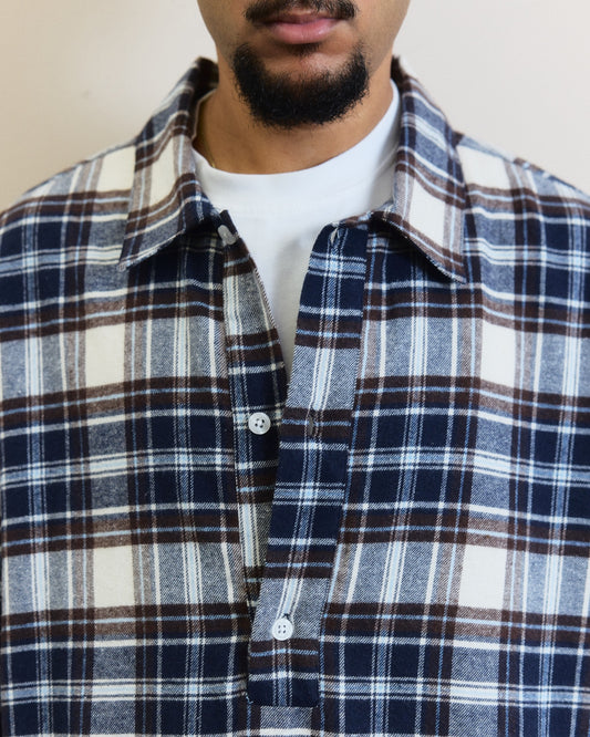 Check Flannel Polo Shirt - Midnight Navy/Cocoa Brown