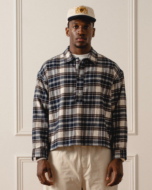 Check Flannel Polo Shirt - Midnight Navy/Cocoa Brown
