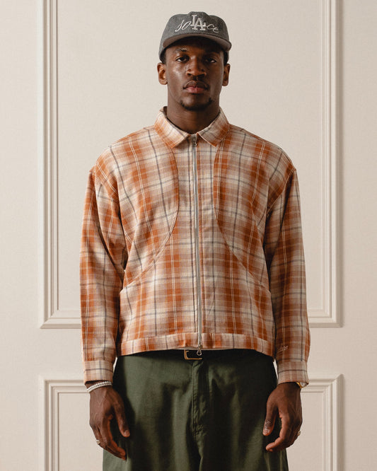 Check Curve Pocket Zip Jacket - Rust Orange/Ivory