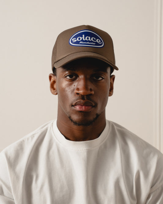 Sticker Logo Foam Trucker Cap - Walnut Brown/Cobalt Blue