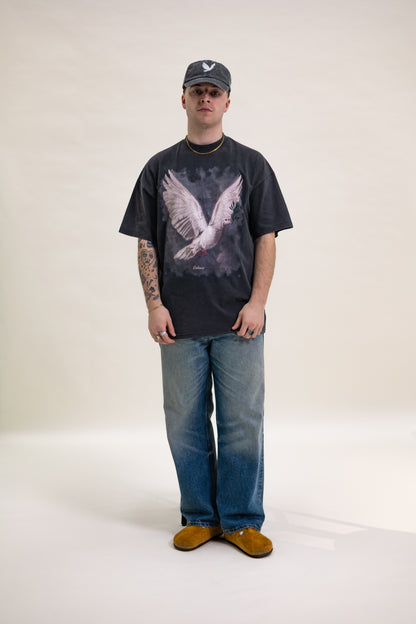Heavyweight Oversized Peace Dove T-Shirt - Washed Black/Ivory
