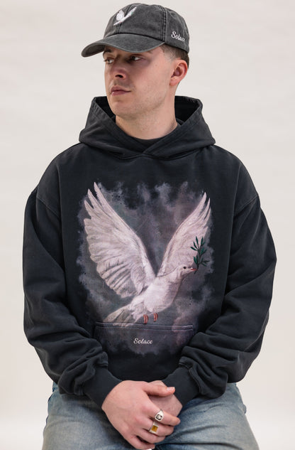Heavyweight Oversized Boxy Peace Dove Hoodie - Washed Black/Ivory